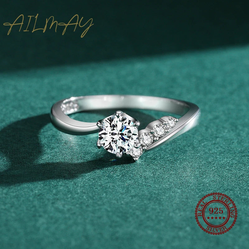 Ailmay Real 925 Sterling Silver Fashion Simplicity Clear Zircon Six Claw Asymmetry Ring Arm For Women Wedding Engagement Jewelry