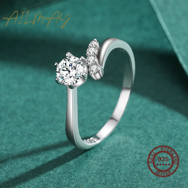 Ailmay Real 925 Sterling Silver Fashion Simplicity Clear Zircon Six Claw Asymmetry Ring Arm For Women Wedding Engagement Jewelry