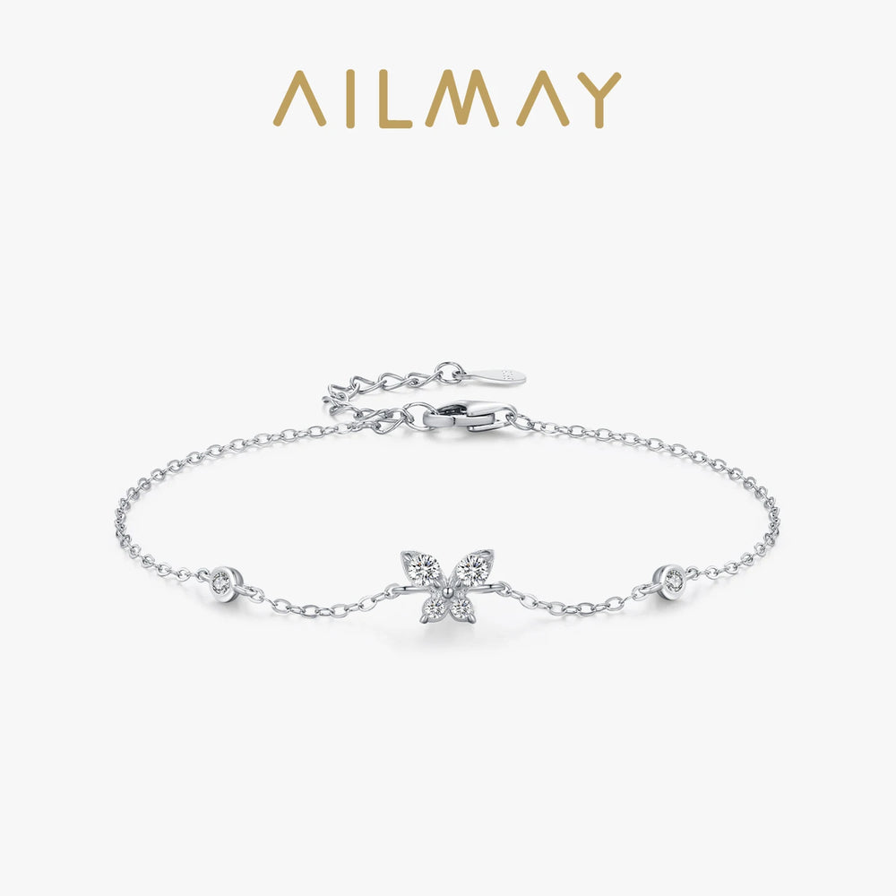 Ailmay 925 Sterling Silver Sweet Shining Zircon Butterfly Chain Bracelet For Women Girls Adjustable Chain Fashion Jewelry Gifts